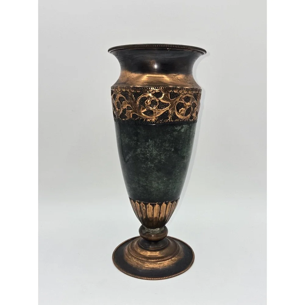 Hammered Copper Vase Israel Patina Finish Ornate Band Mid Century Decorative Urn